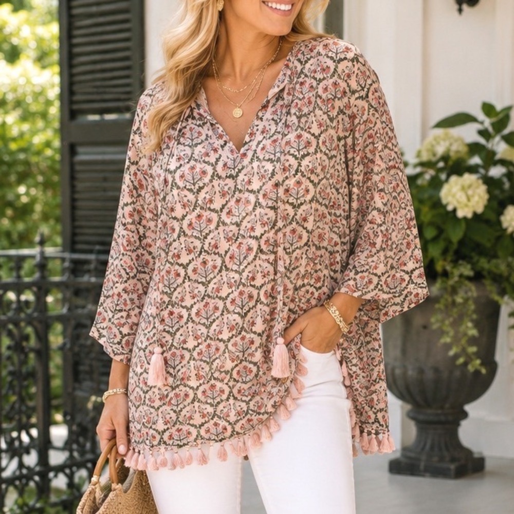 Roller Rabbit Hampton Tunic Rose Pink Floral Cotton Tassel Top New Small CR5‎
